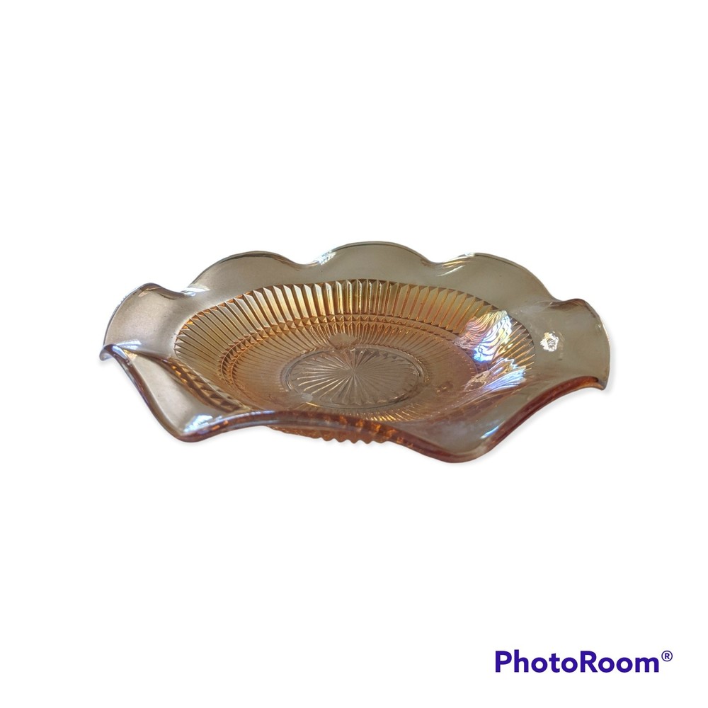Vintage carnival footed wavy  orange amber Glass Ruffle bowl 1950